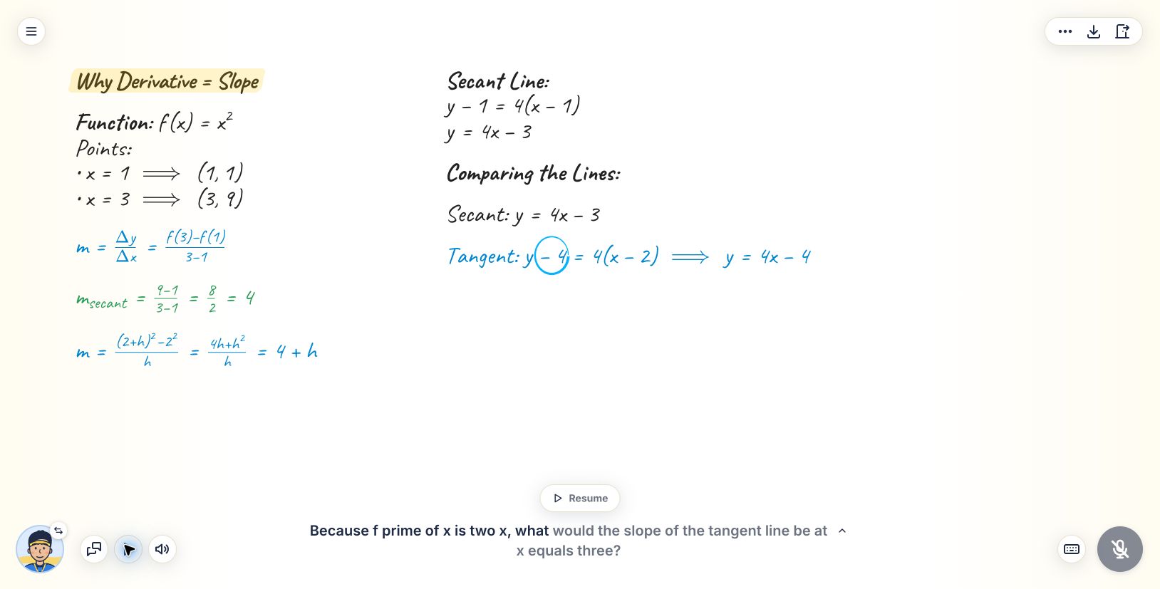 An Ahaboard whiteboard working through why a secant and a tangent with the same slope are different lines.