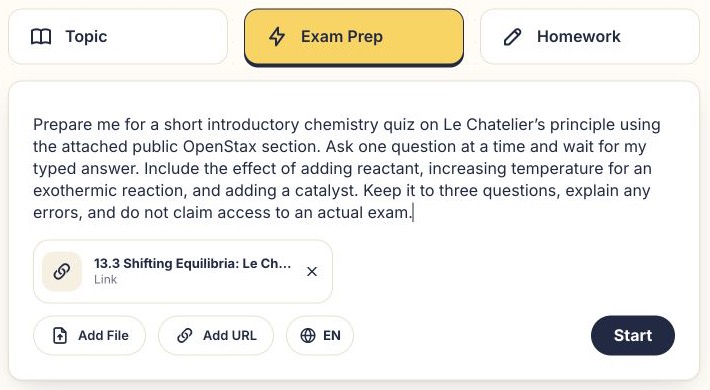 Ahaboard start screen with Topic, Exam Prep and Homework modes, a typed chemistry request and an attached OpenStax link.