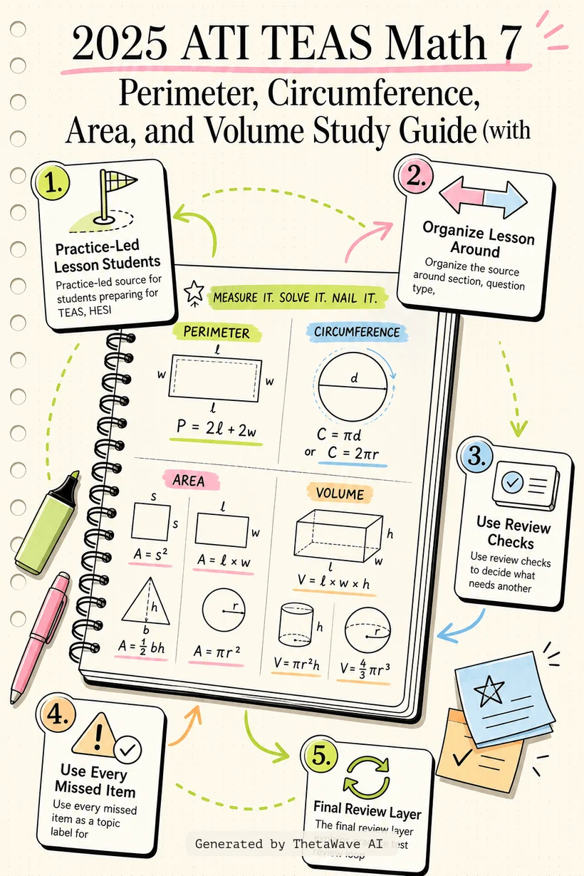 Infographic for 2025 ATI TEAS Math 7 Perimeter, Circumference, Area, and Volume Study Guide (with Practice)
