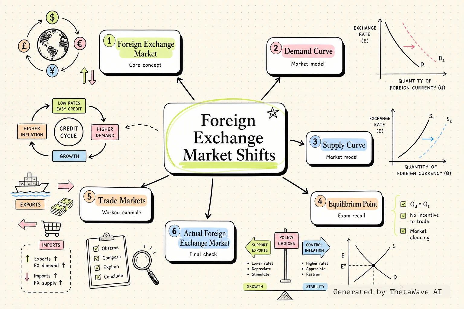 Mind map for Principles of Economics 3e: 29.2 Demand and Supply Shifts in Foreign Exchange Markets