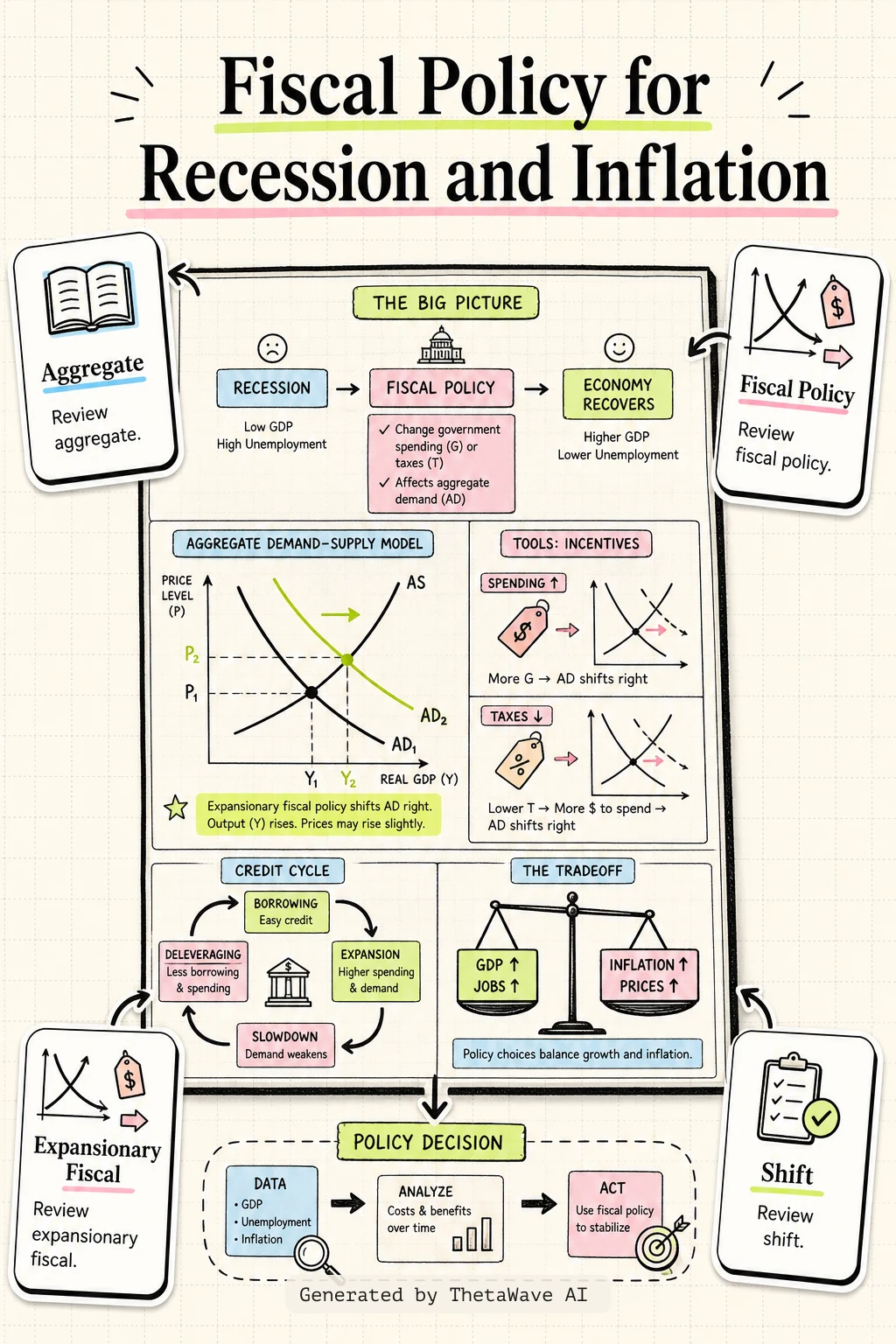 Infographic for Principles of Economics 3e: 30.4 Using Fiscal Policy to Fight Recession, Unemployment, and Inflation