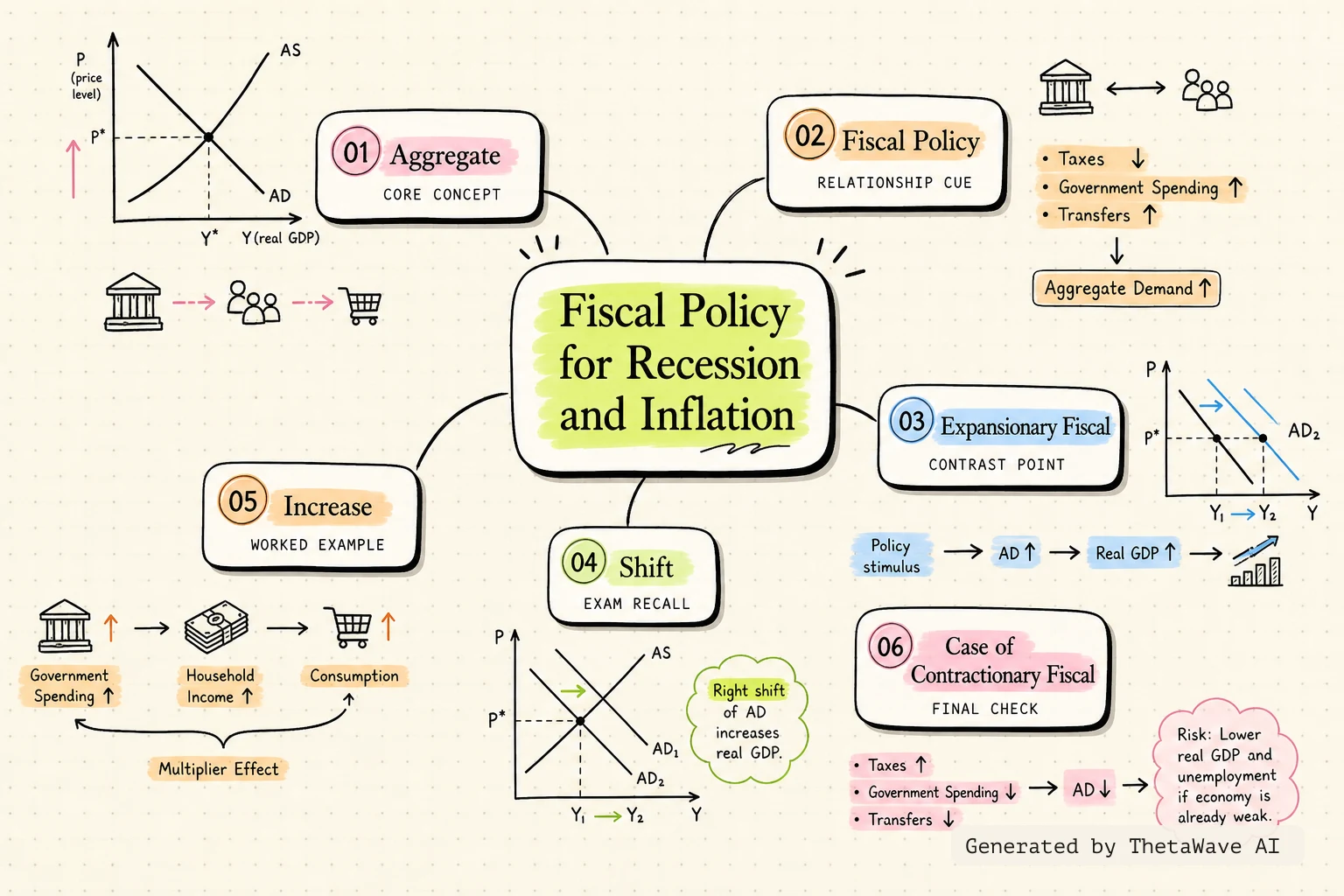 Mind map for Principles of Economics 3e: 30.4 Using Fiscal Policy to Fight Recession, Unemployment, and Inflation