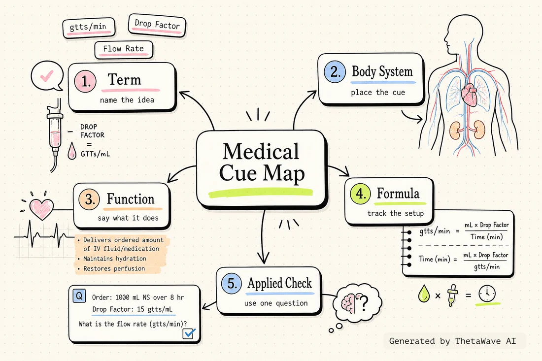 Mind map for IV Drip Flow Rates Drop Factor gtts/minute Dosage Calculations Nursing | NCLEX Review
